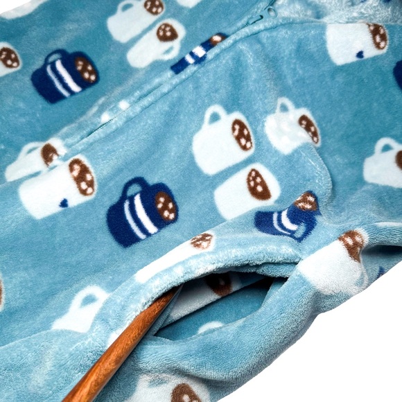 Munki Munki Womens Fleece One Piece Pajamas Hooded Cocoa Cup Print Cozy Lounge - Picture 8 of 14